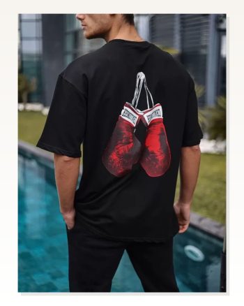 Baskılı Unisex Günlük Stil Siyah Geometrik Hatlı Oversize Tişört