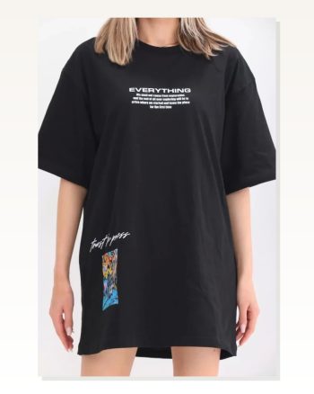 Baskı Detaylı Unisex Siyah Mat Premium Oversize Tişört