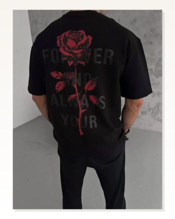 Baskılı Unisex Günlük Stil Siyah İmza Tasarım Bol Kesim Tişört
