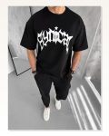 Unisex Günlük Stil Siyah Sokak Sanatı Detaylı Oversize Tişört