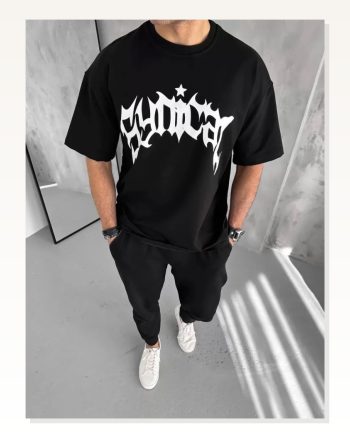 Unisex Günlük Stil Siyah Sokak Sanatı Detaylı Oversize Tişört