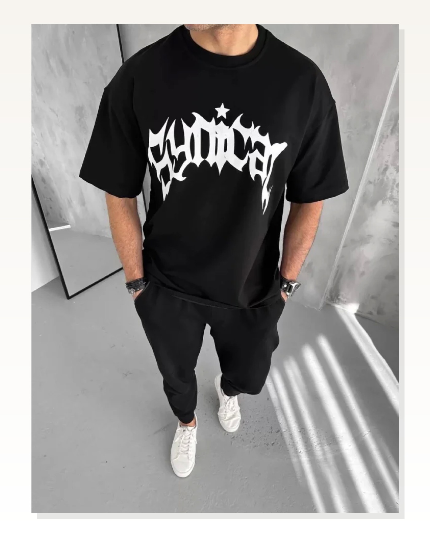 Unisex Günlük Stil Siyah Sokak Sanatı Detaylı Oversize Tişört Marketplace blank