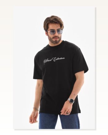 Unisex Bisiklet Yaka Baskılı Oversize T-shirt Siyah
