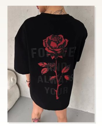 Baskılı Unisex Siyah Retro Dalga Pamuklu Oversize Tişört