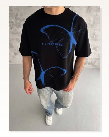 Baskılı Unisex Günlük Stil Siyah Bisiklet Yaka Oversize Tişört
