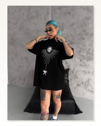 Baskılı Unisex Günlük Stil Siyah Sokak Kültürü Yazı Oversize Tişört