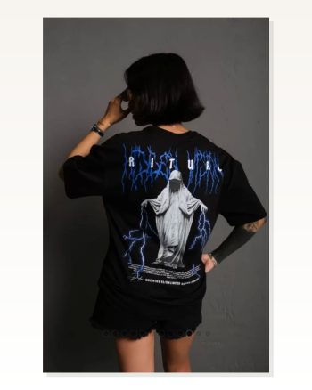 Baskılı Unisex Günlük Stil Siyah Nordik Desen Bol Kalıp Oversize Tişört
