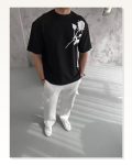 Grafik Baskılı Unisex Günlük Stil Siyah Pamuklu Oversize Tişört