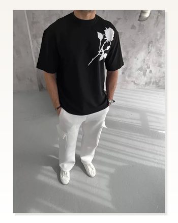 Grafik Baskılı Unisex Günlük Stil Siyah Pamuklu Oversize Tişört