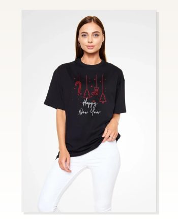 Baskılı Unisex Günlük Stil Siyah Bisiklet Yaka Oversize Tişört