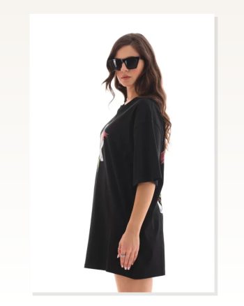 Vahşi Doğa Baskılı Unisex Siyah Bisiklet Yaka Oversize Tişört