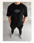 Grafik Baskılı Unisex Minimalist Siyah Bisiklet Yaka Oversize Tişört