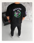 Baskılı Unisex Günlük Stil Siyah Bisiklet Yaka Oversize Tişört Marketplace