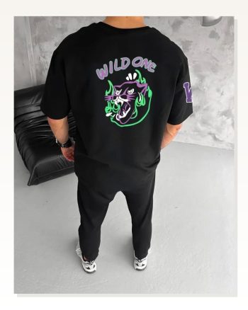 Baskılı Unisex Günlük Stil Siyah Bisiklet Yaka Oversize Tişört