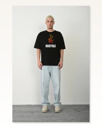 Baskılı Unisex Günlük Stil Siyah Bisiklet Yaka Oversize Tişört