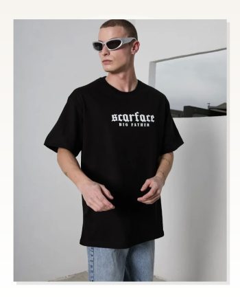 Baskılı Unisex Günlük Stil Siyah Bisiklet Yaka Oversize Tişört