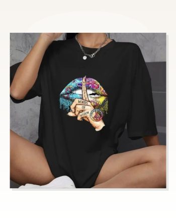 Baskılı Unisex Günlük Stil Siyah Eskitme Efektli Oversize Tişört