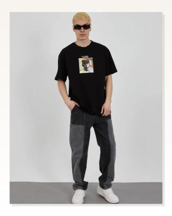Baskılı Unisex Günlük Stil Siyah Bisiklet Yaka Oversize Tişört