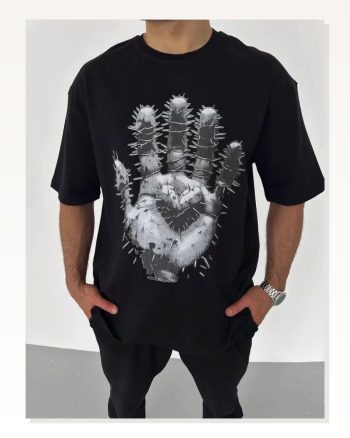 Grafik Baskılı Unisex Siyah Premium Dokuma Oversize Tişört