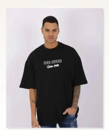 Baskılı Unisex Günlük Stil Siyah Bisiklet Yaka Oversize Tişört