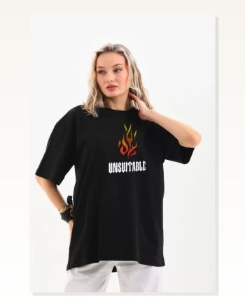 Baskılı Unisex Günlük Stil Siyah Matrix Dijital Oversize Tişört