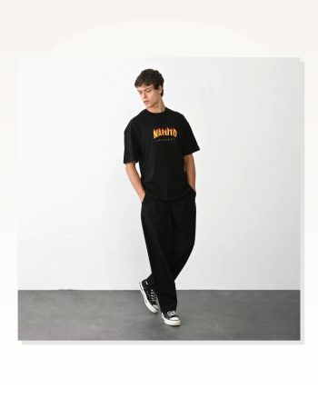 Baskılı Unisex Siyah Retro Futurist Desen Oversize Tişört