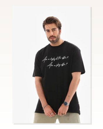 Baskılı Unisex Günlük Stil Siyah Bisiklet Yaka Oversize Tişört