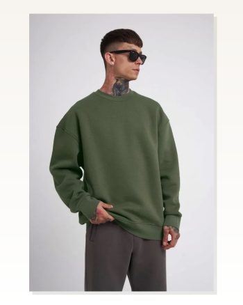 Unisex Biskilet Yaka Üç İplik Sweatshirt Haki