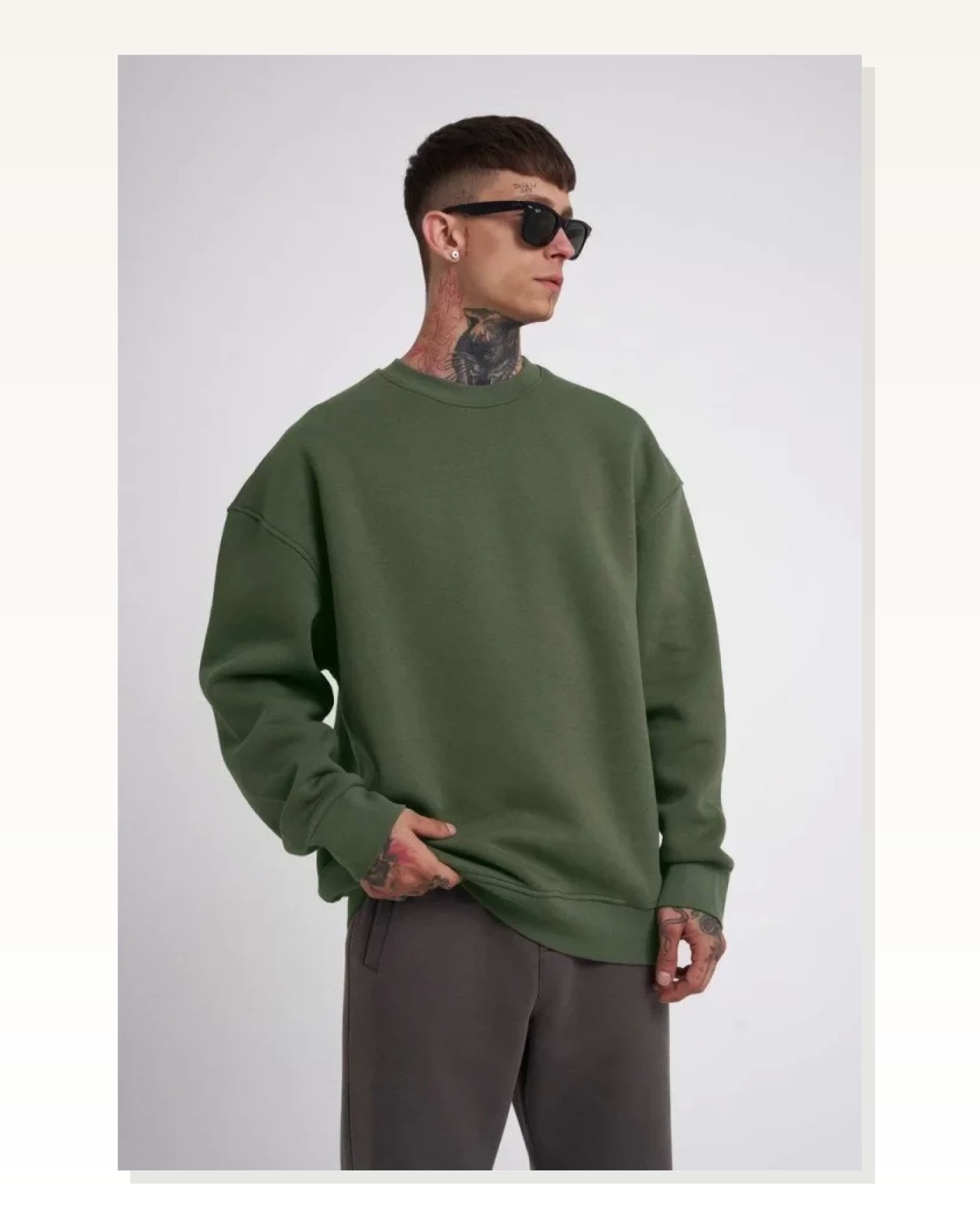 Unisex Biskilet Yaka Üç İplik SweatShirt - Haki Marketplace blank