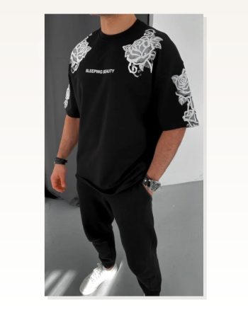 Unisex Flok Kabartma Baskılı T-shirt Siyah