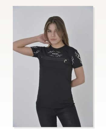Baskılı Unisex Günlük Stil Siyah Göğüs Fermuarlı Tişört