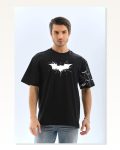 Baskılı Unisex Günlük Stil Siyah Kol ve Göğüs Çift Yön Oversize Tişört