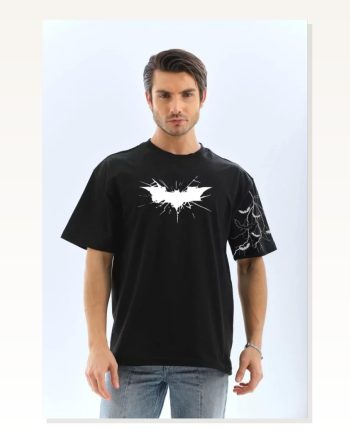 Baskılı Unisex Günlük Stil Siyah Kol ve Göğüs Çift Yön Oversize Tişört