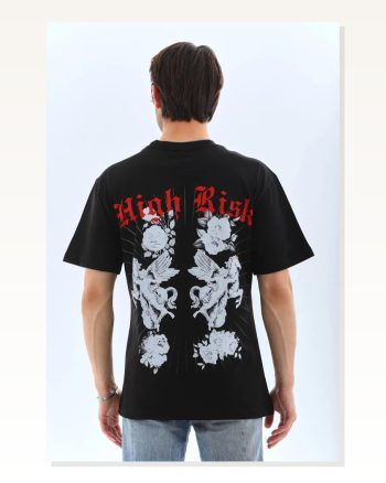 Grafik Baskılı Unisex Salaş Stil Soyut Siyah Oversize Bisiklet Yaka Tişört