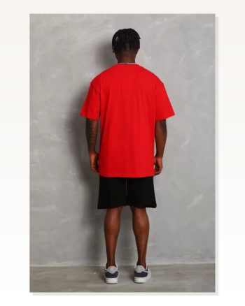 Düz Dokulu Unisex Salaş Stil Bayrak Kırmızısı Oversize Bisiklet Yaka Tişört