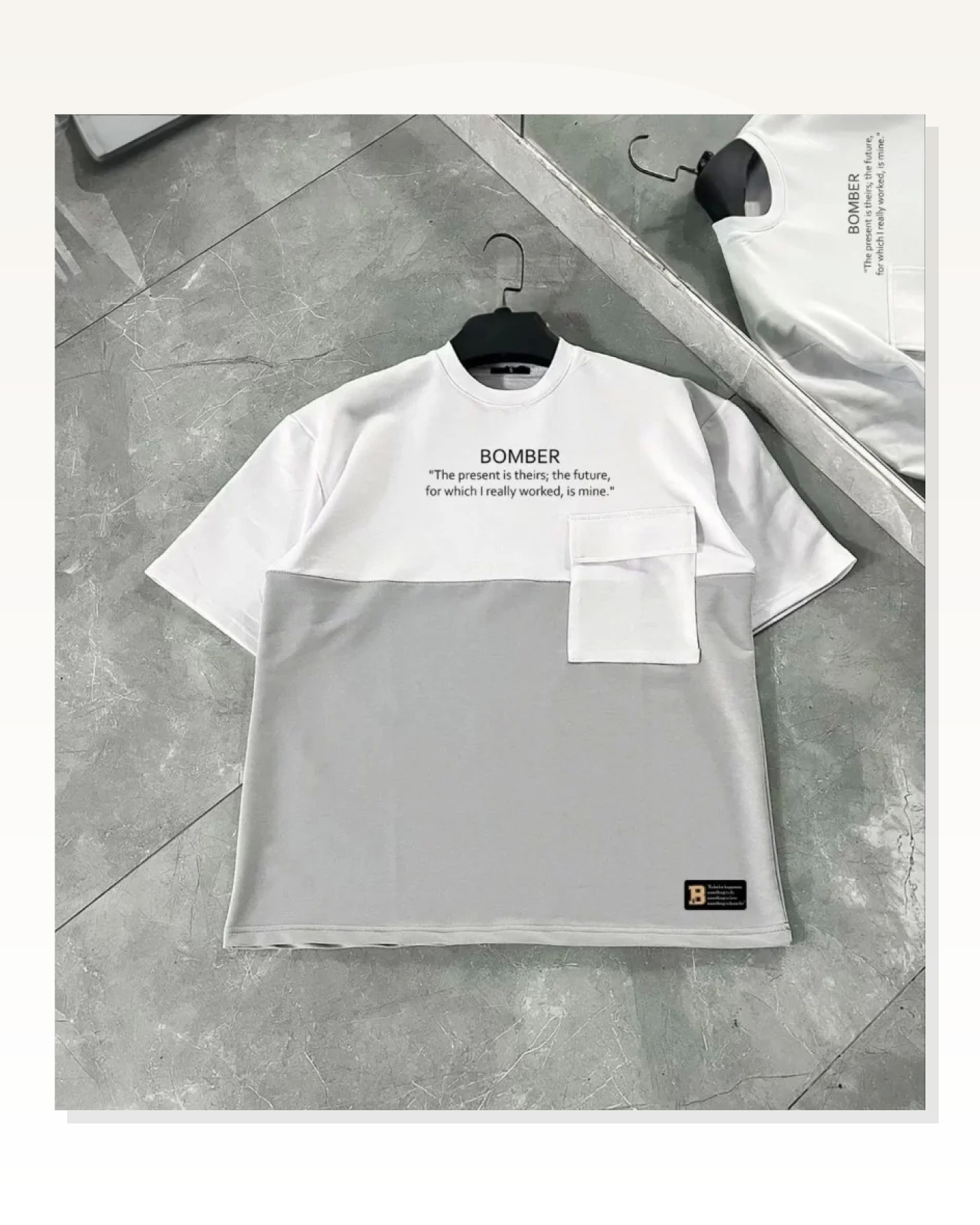 Unisex Günlük Stil Melanj Gri Torba Cep Detaylı Tişört Marketplace blank