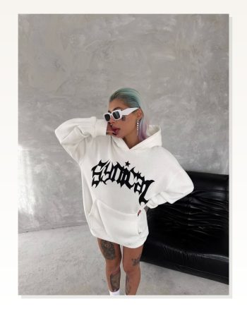 Unisex Üç İplik Kapşonlu Baskılı Sweatshirt Beyaz