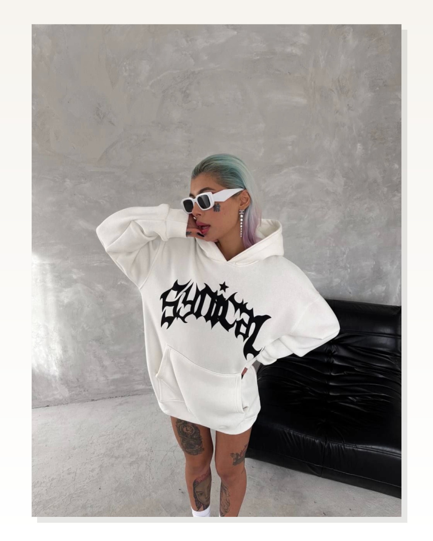 Unisex Üç İplik Kapşonlu Baskılı SweatShirt - Beyaz Marketplace blank