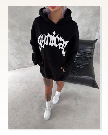 Unisex Üç İplik Kapşonlu Baskılı Sweatshirt Siyah