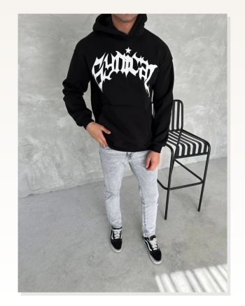 Unisex Üç İplik Kapşonlu Baskılı Sweatshirt Siyah