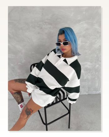 Unisex Üç İplik Parçalı Yakalı Sweatshirt Yeşil