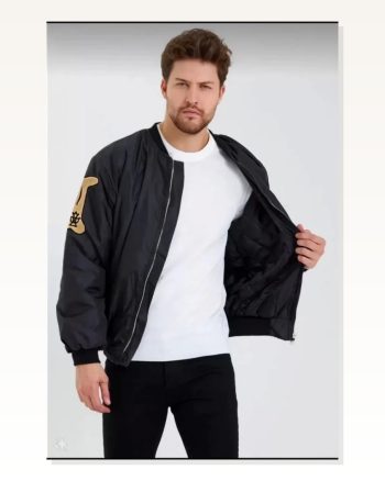 Baskılı Unisex Siyah Uzun Kol Retro Bomber Ceket