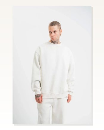 Unisex Uzun Kol Bisiklet Yaka Yıkamalı Sweatshirt Beyaz