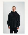 Unisex Uzun Kol Kapşonlu Yıkamalı Nakışlı Sweatshirt Siyah