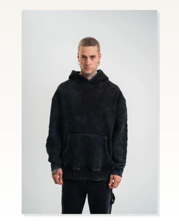 Unisex Uzun Kol Kapşonlu Yıkamalı Nakışlı Sweatshirt Siyah