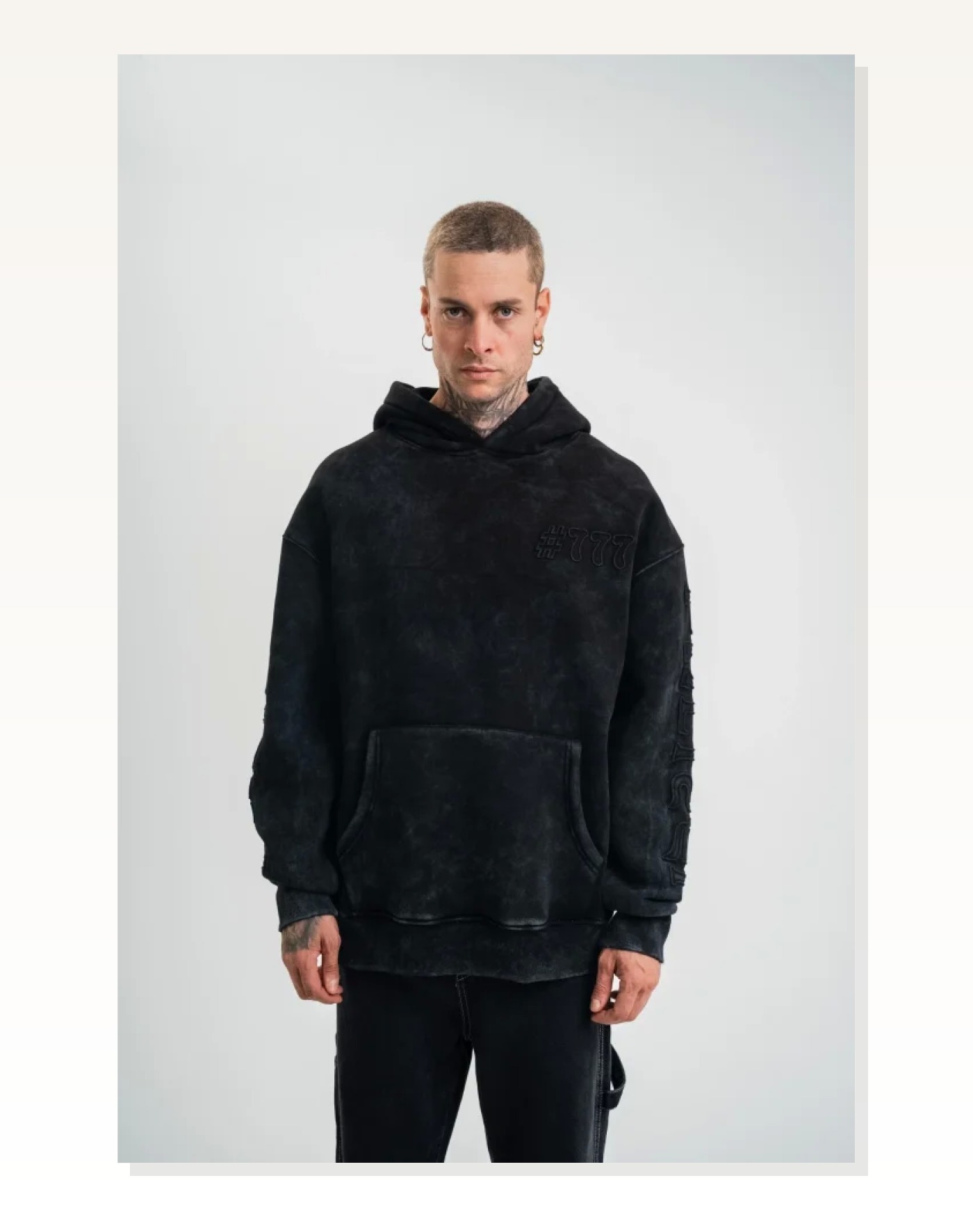 Unisex Uzun Kol Kapşonlu Yıkamalı Nakışlı SweatShirt - Siyah Marketplace blank