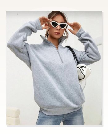Unisex Günlük Stil Gri Uzun Kol Yarım Farmuarlı Yakalı Basic Sweatshirt