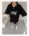 Unisex Yarım Fermuarlı Baskılı T-shirt Siyah
