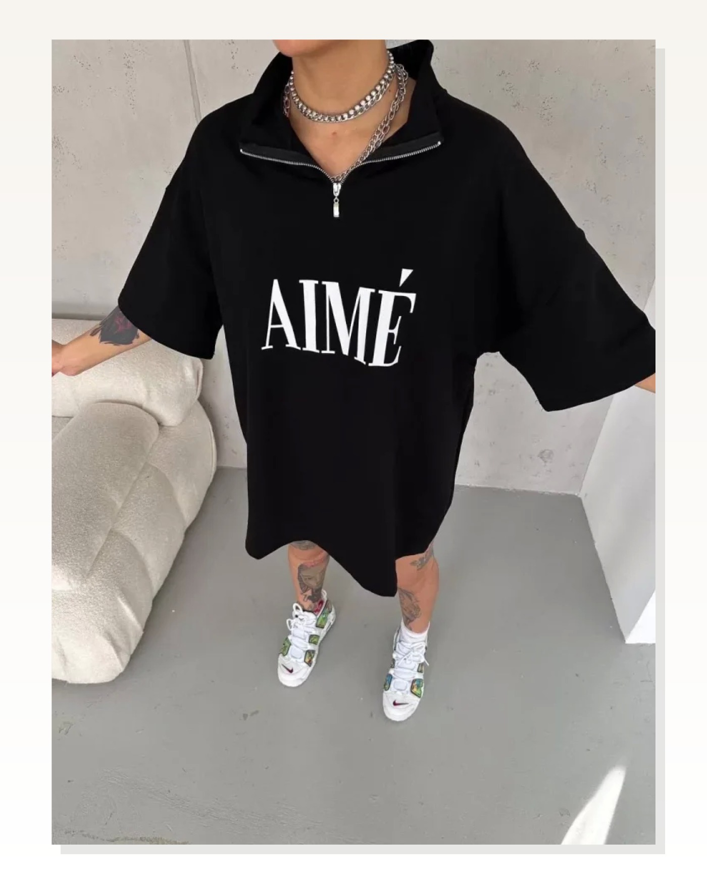 Unisex Yarım Fermuarlı Baskılı T-Shirt - Siyah Marketplace blank