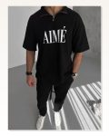 Unisex Yarım Fermuarlı Baskılı T-shirt Siyah